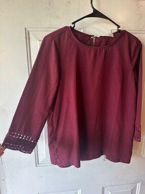 Women's Burgundy Long-Sleeve Blouse with Lace Trim